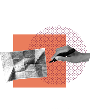 A collage image of a hand drawing on a map