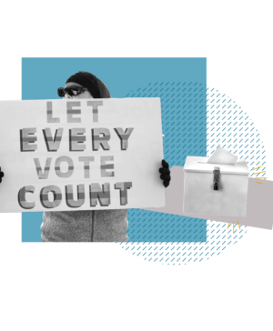 Collage illustration of a woman protesting to protect the right to vote.