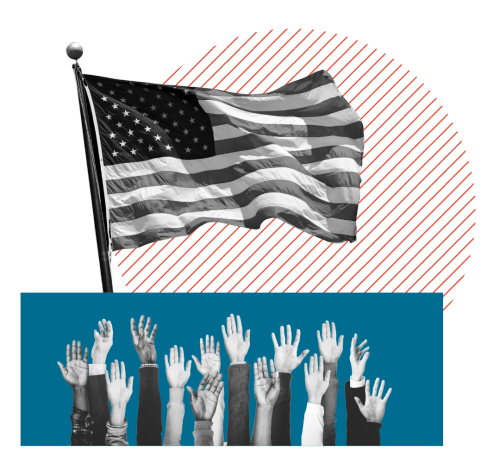 Black and white cutouts of an American flag and raised hands with red and blue colored shapes in the background